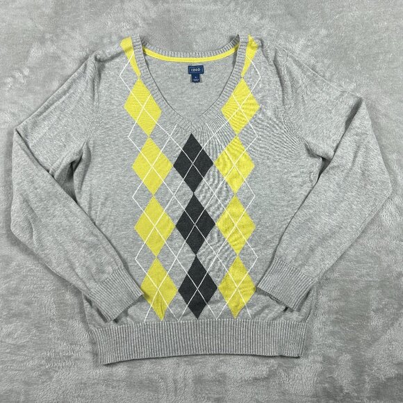 Izod Sweater Women's Medium Argyle Grey Yellow V Neck Pullover Lightweight - Picture 1 of 7